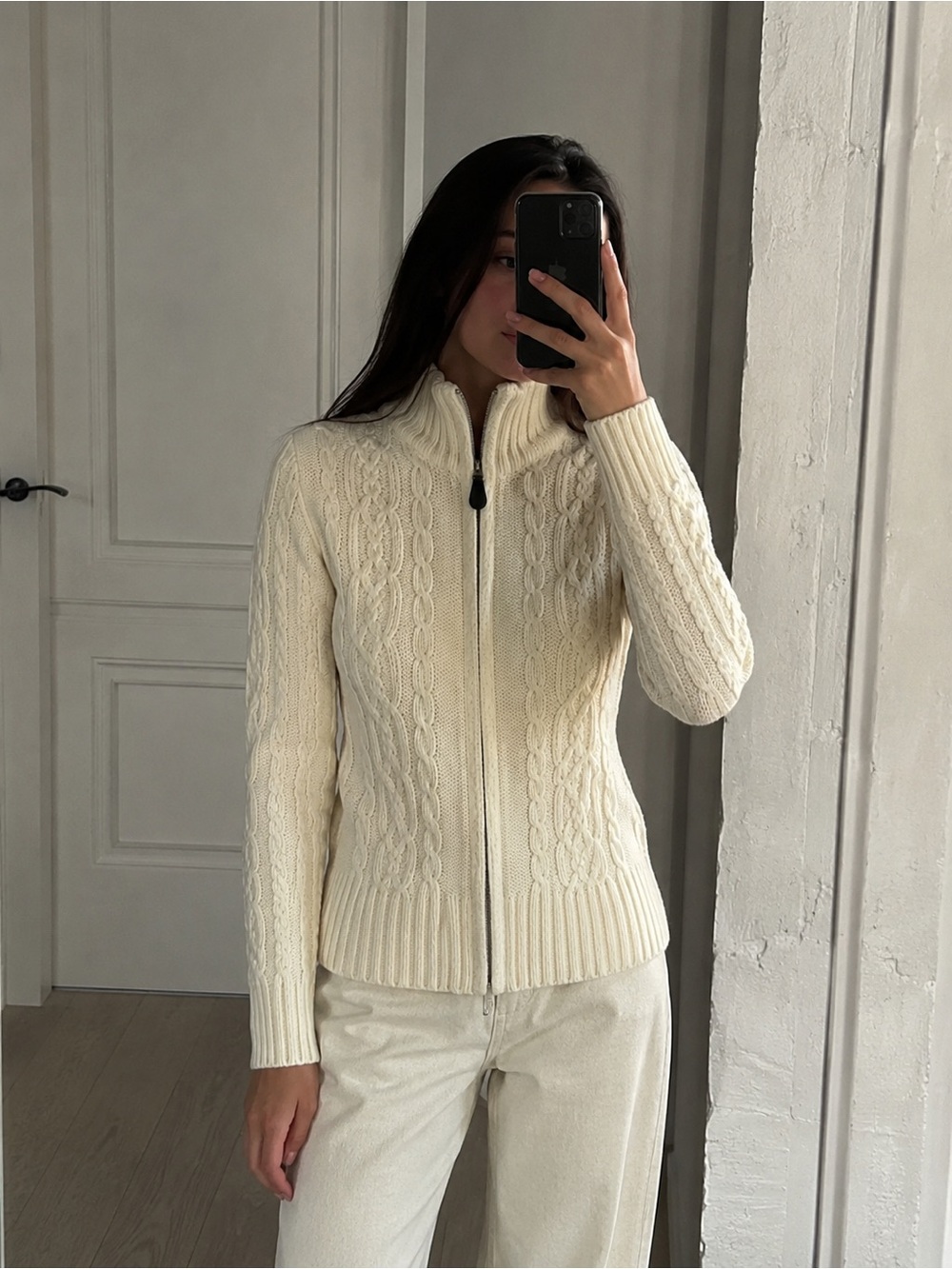 Vintage Route 66 Cable Knit Zip Cardigan Sweater | Cream Ivory | Size Medium
